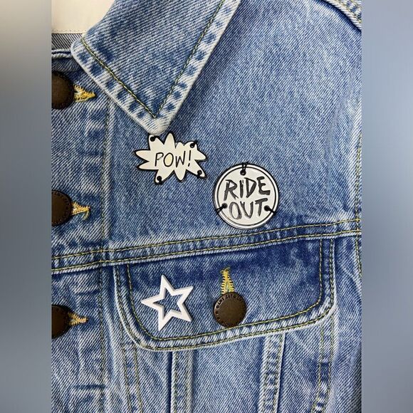 Maje Vavini Denim Jean Blue Jacket Cropped Patch Detail Size M - Picture 9 of 14